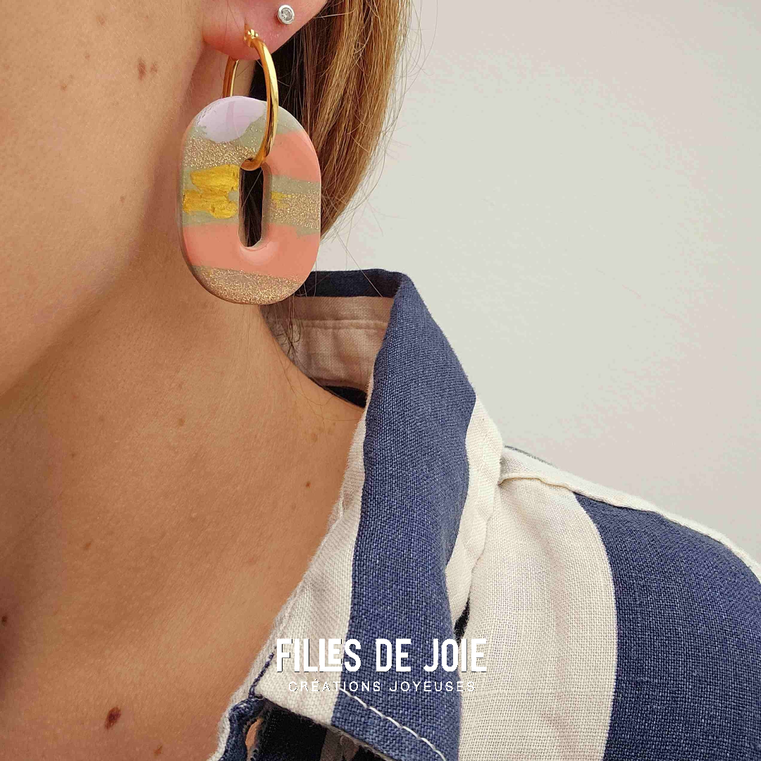HAPPY PILLS - Boucles d'oreilles interchangeable - Argile doré et pêche rosée